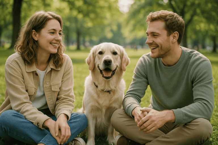 A couple sitting on the grass in a park with their golden retriever between them, all smiling.